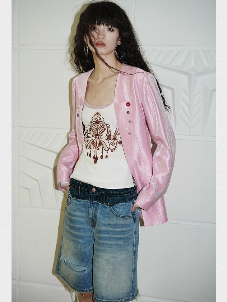 badtaste Silver Sheen Light Reflective Loose Retro Western Women's Other Material Blazers