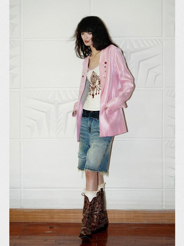 badtaste Silver Sheen Light Reflective Loose Retro Western Women's Other Material Blazers