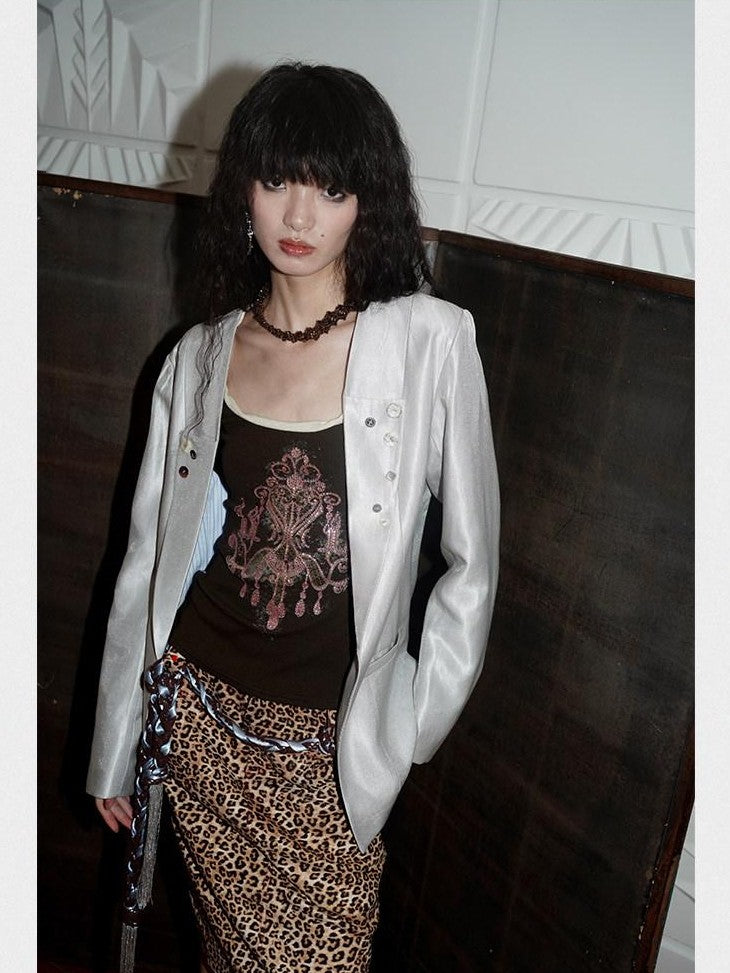badtaste Silver Sheen Light Reflective Loose Retro Western Women's Other Material Blazers