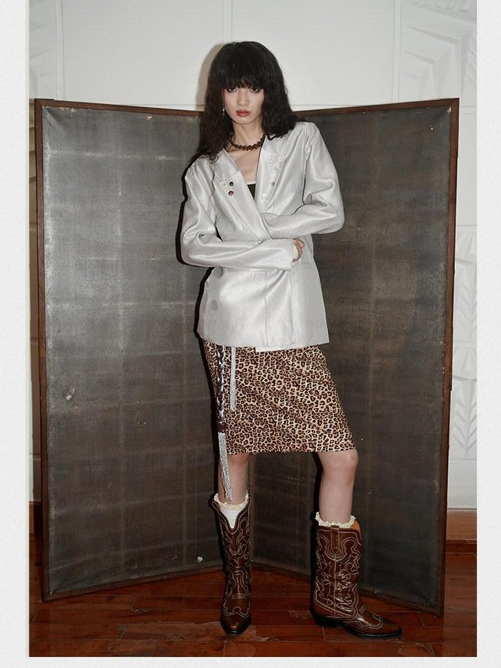 badtaste Silver Sheen Light Reflective Loose Retro Western Women's Other Material Blazers