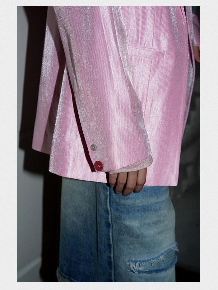 badtaste Silver Sheen Light Reflective Loose Retro Western Women's Other Material Blazers
