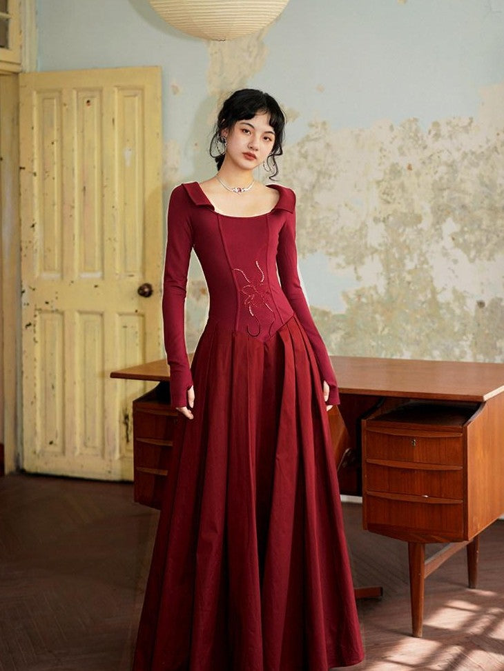 badtaste Slimming Solid Cutout U Neck Long Sleeve Women's Casual Maxi Dresses