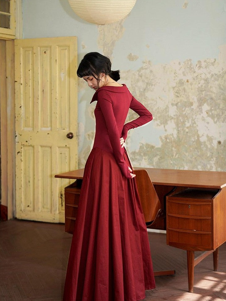 badtaste Slimming Solid Cutout U Neck Long Sleeve Women's Casual Maxi Dresses