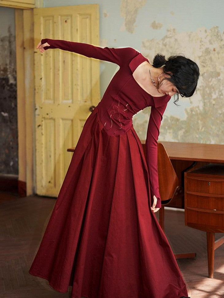 badtaste Slimming Solid Cutout U Neck Long Sleeve Women's Casual Maxi Dresses