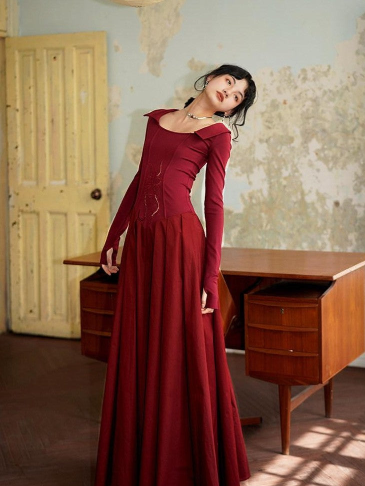 badtaste Slimming Solid Cutout U Neck Long Sleeve Women's Casual Maxi Dresses