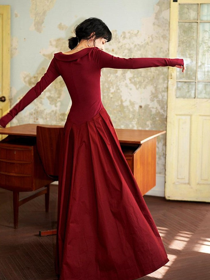 badtaste Slimming Solid Cutout U Neck Long Sleeve Women's Casual Maxi Dresses