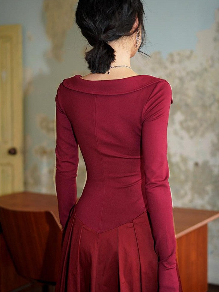 badtaste Slimming Solid Cutout U Neck Long Sleeve Women's Casual Maxi Dresses