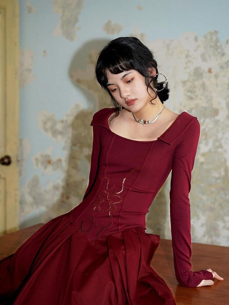 badtaste Slimming Solid Cutout U Neck Long Sleeve Women's Casual Maxi Dresses