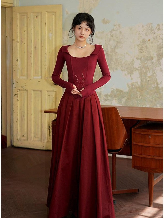 badtaste Slimming Solid Cutout U Neck Long Sleeve Women's Casual Maxi Dresses