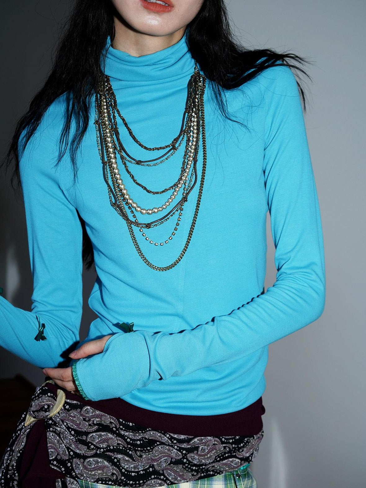 badtaste Solid Color High Neck Split Panel Slim Women's Long Sleeve T-shirts