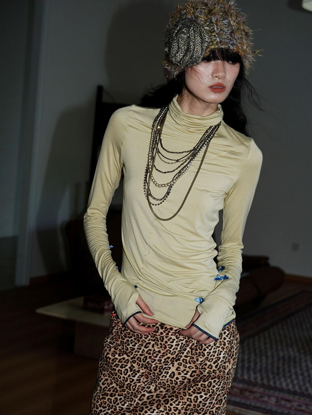 badtaste Solid Color High Neck Split Panel Slim Women's Long Sleeve T-shirts