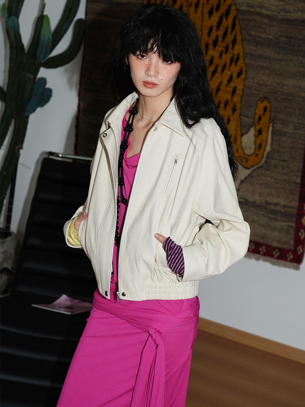 badtaste Solid Color Raglan Sleeve Cotton Women's Cropped Jackets