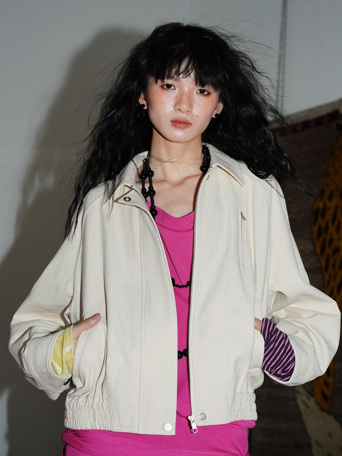 badtaste Solid Color Raglan Sleeve Cotton Women's Cropped Jackets