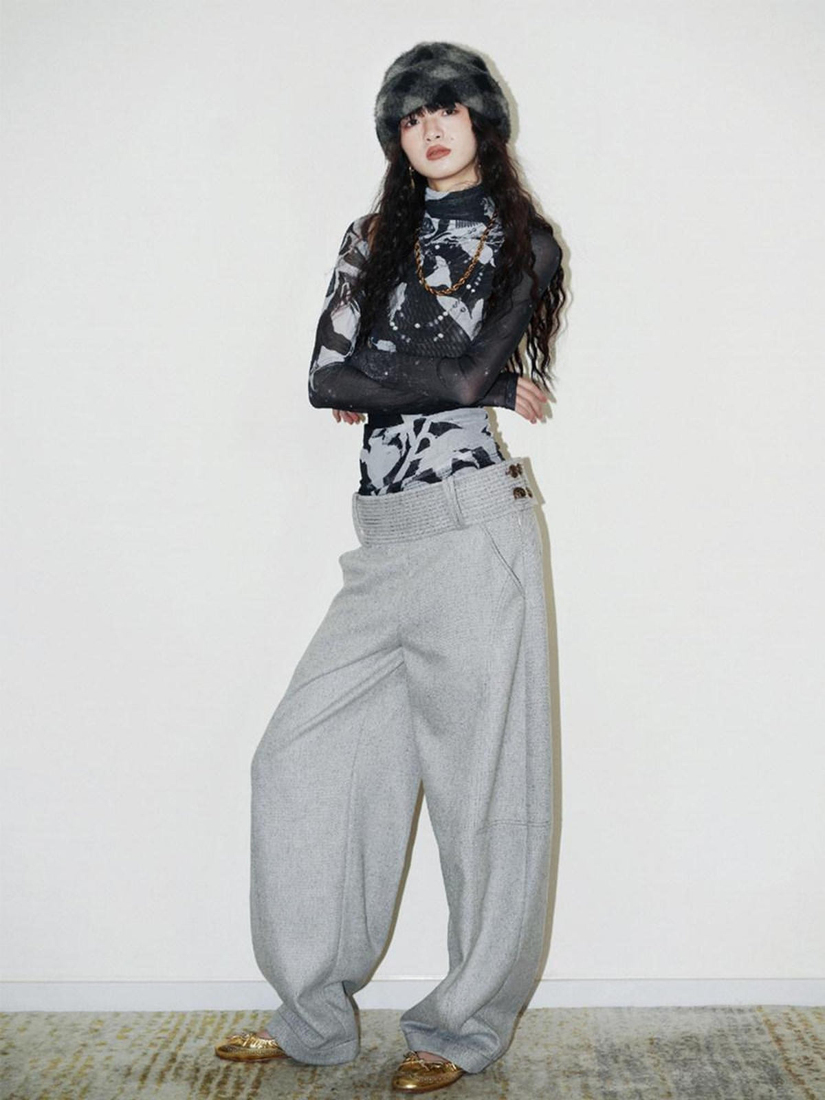 badtaste Solid Color Vintage Thick Relaxed Casual Structured Waist Women's Wide-leg Pants