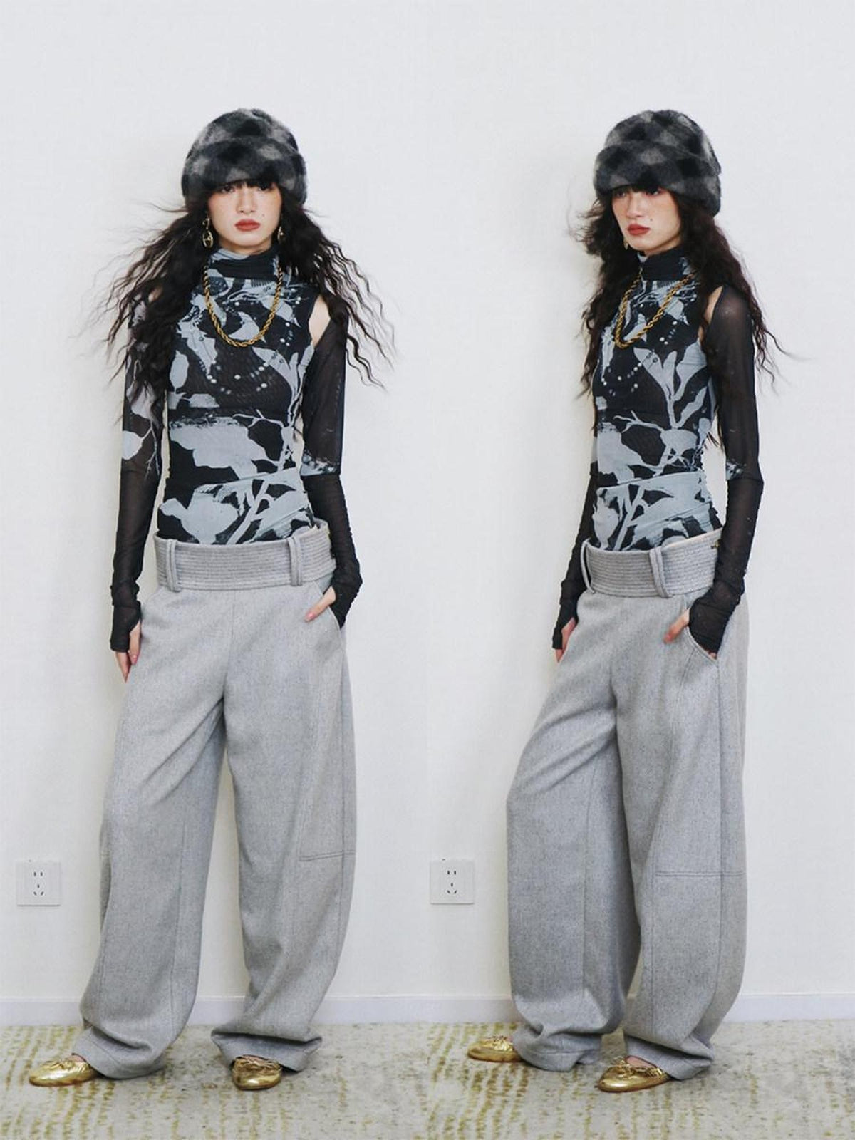badtaste Solid Color Vintage Thick Relaxed Casual Structured Waist Women's Wide-leg Pants