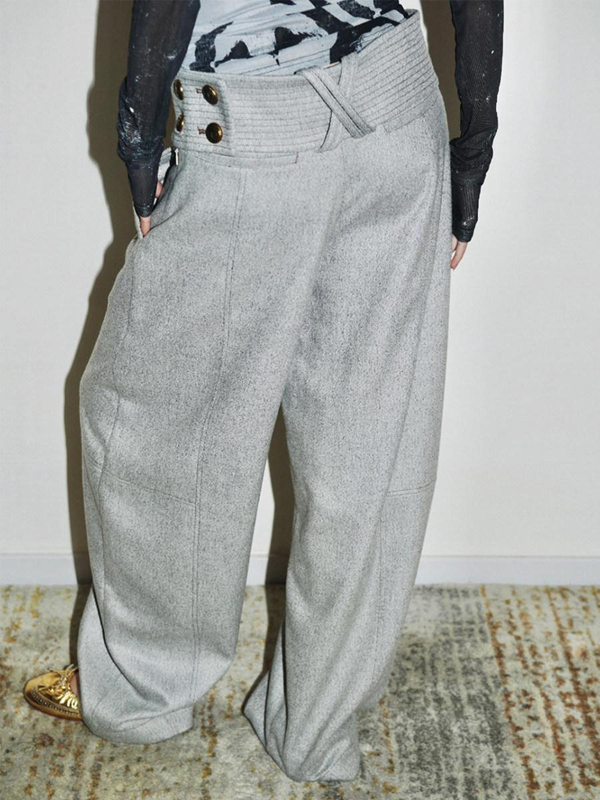 badtaste Solid Color Vintage Thick Relaxed Casual Structured Waist Women's Wide-leg Pants