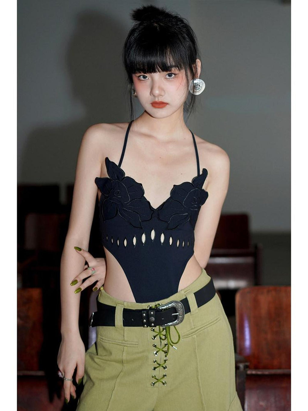 badtaste Solid Cutout Burnout Floral One Piece Women's Stretch Halter Tops