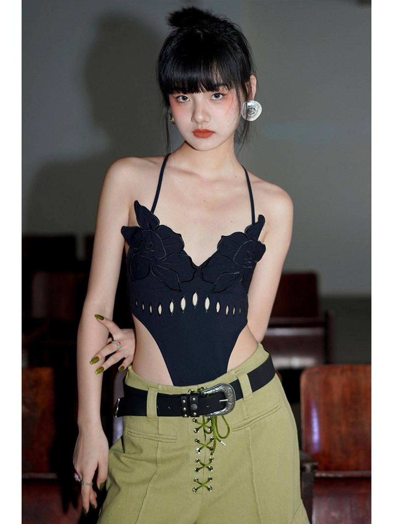 badtaste Solid Cutout Burnout Floral One Piece Women's Stretch Halter Tops