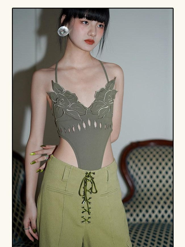 badtaste Solid Cutout Burnout Floral One Piece Women's Stretch Halter Tops