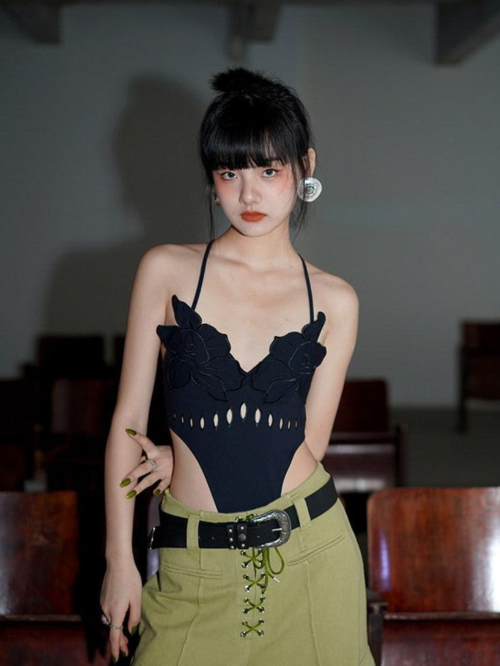 badtaste Solid Cutout Burnout Floral One Piece Women's Stretch Halter Tops
