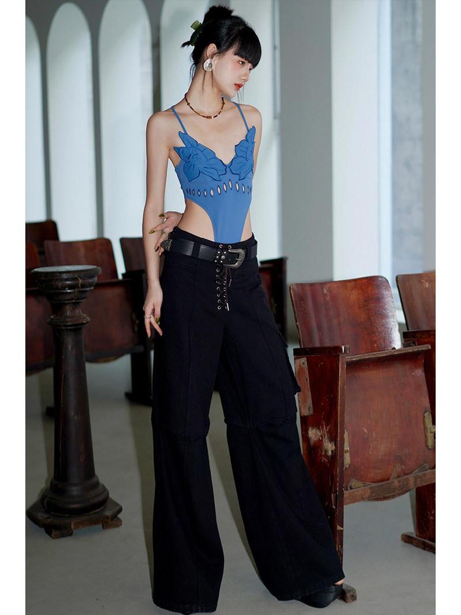 badtaste Solid Cutout Burnout Floral One Piece Women's Stretch Halter Tops