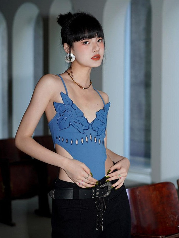 badtaste Solid Cutout Burnout Floral One Piece Women's Stretch Halter Tops
