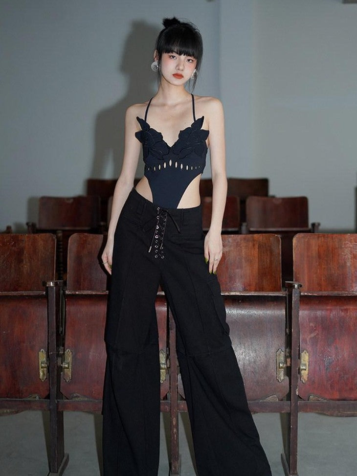 badtaste Solid Cutout Burnout Floral One Piece Women's Stretch Halter Tops