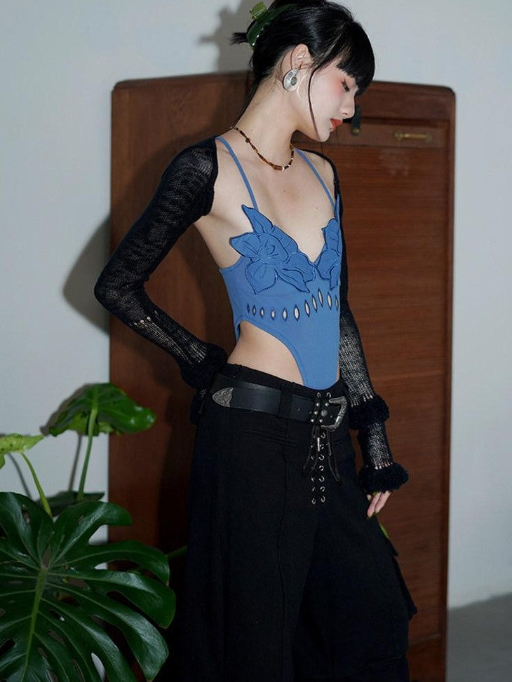 badtaste Solid Cutout Burnout Floral One Piece Women's Stretch Halter Tops