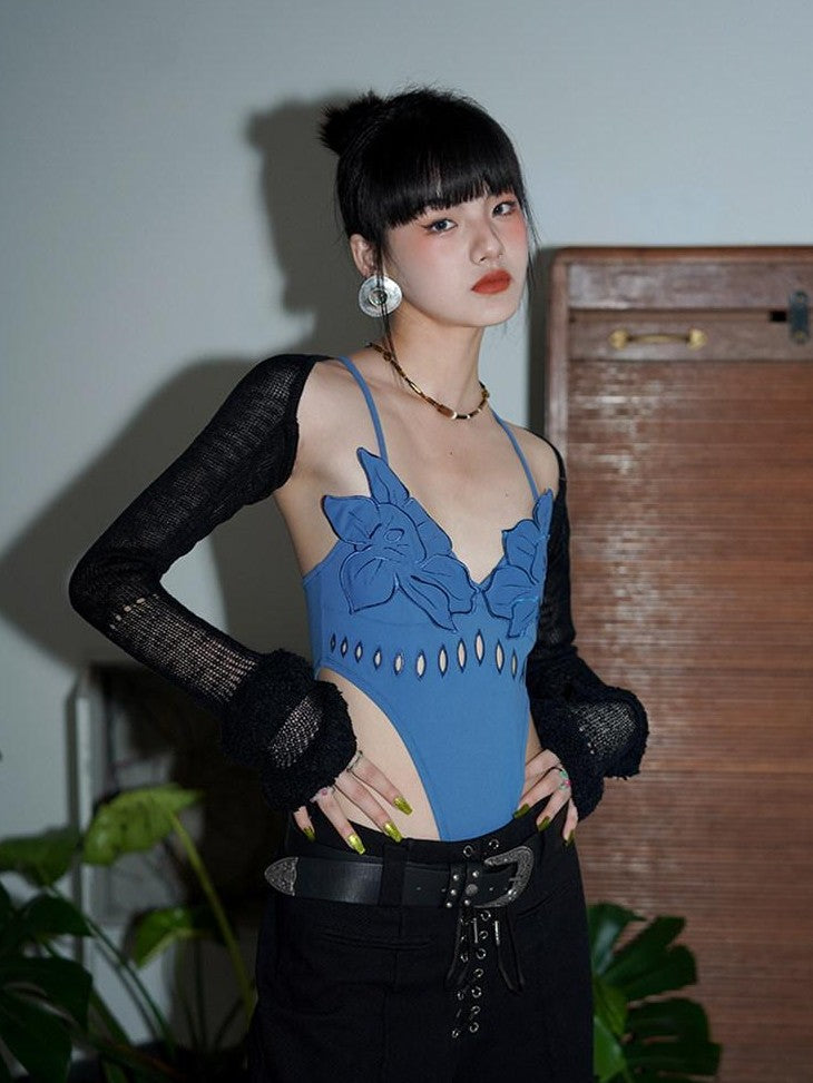 badtaste Solid Cutout Burnout Floral One Piece Women's Stretch Halter Tops