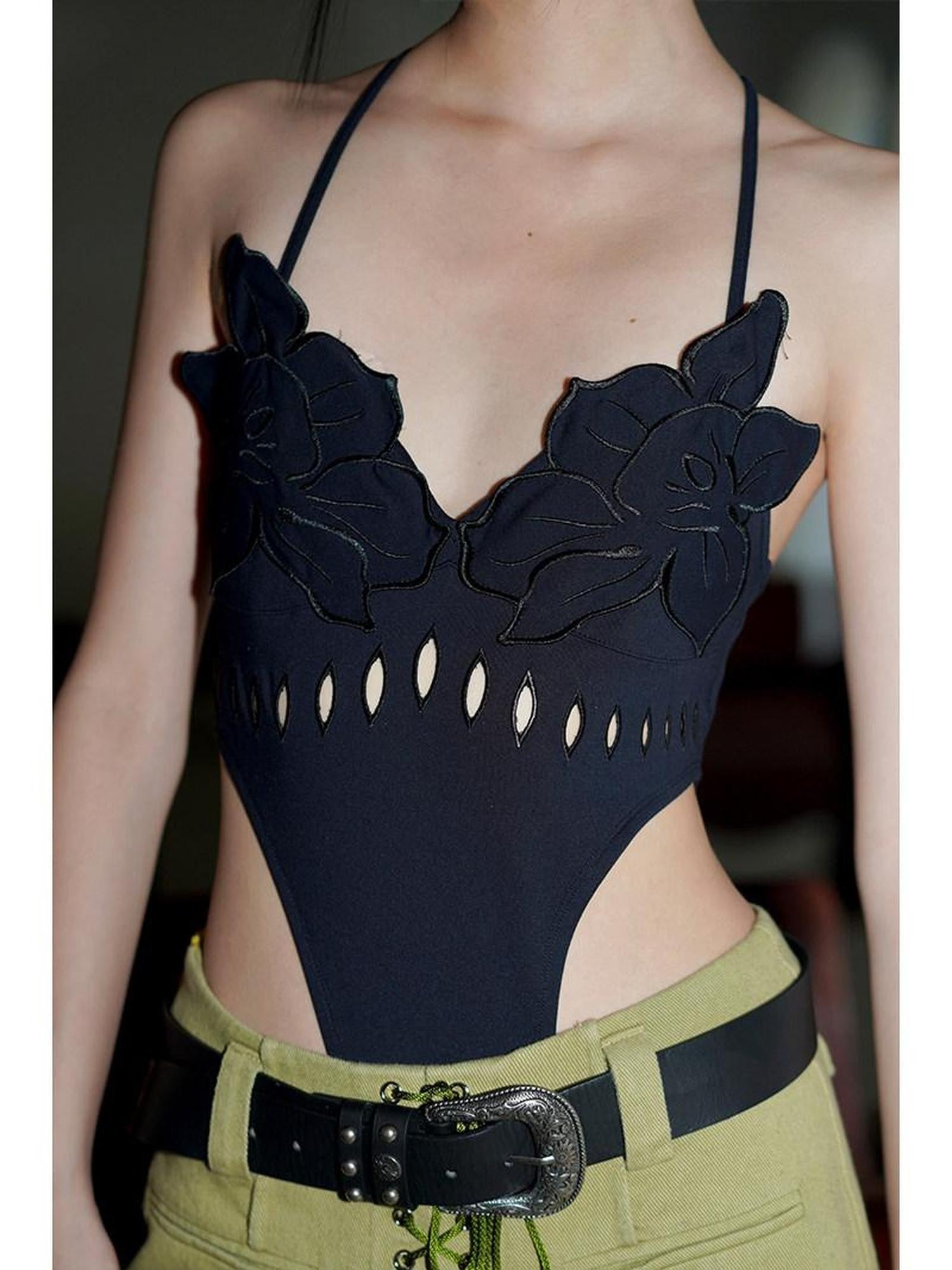 badtaste Solid Cutout Burnout Floral One Piece Women's Stretch Halter Tops