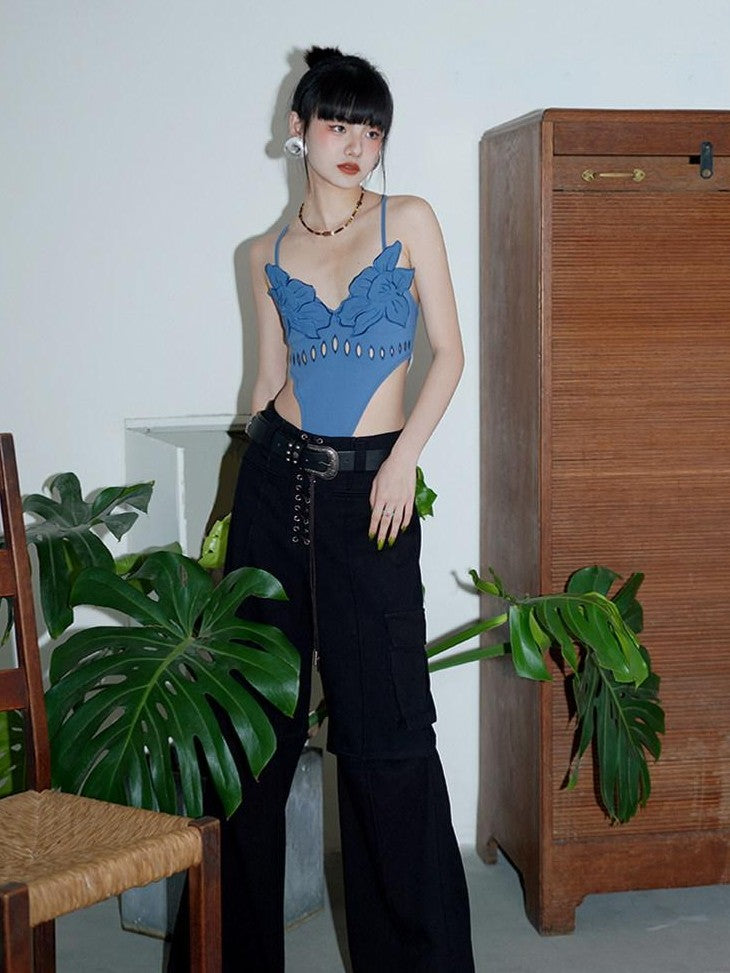 badtaste Solid Cutout Burnout Floral One Piece Women's Stretch Halter Tops