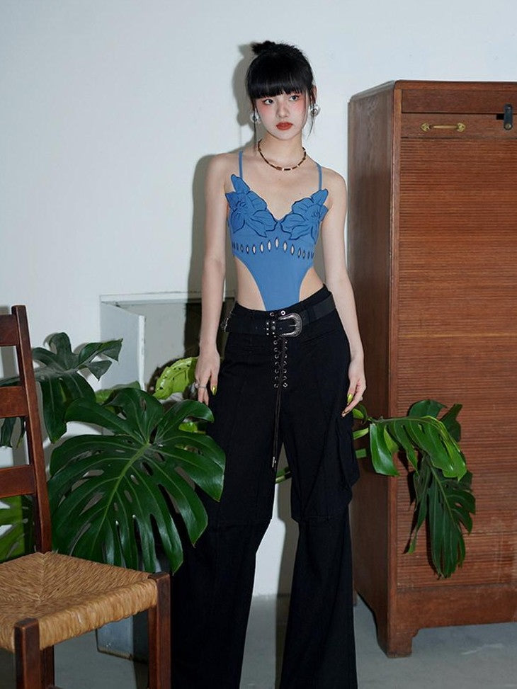 badtaste Solid Cutout Burnout Floral One Piece Women's Stretch Halter Tops