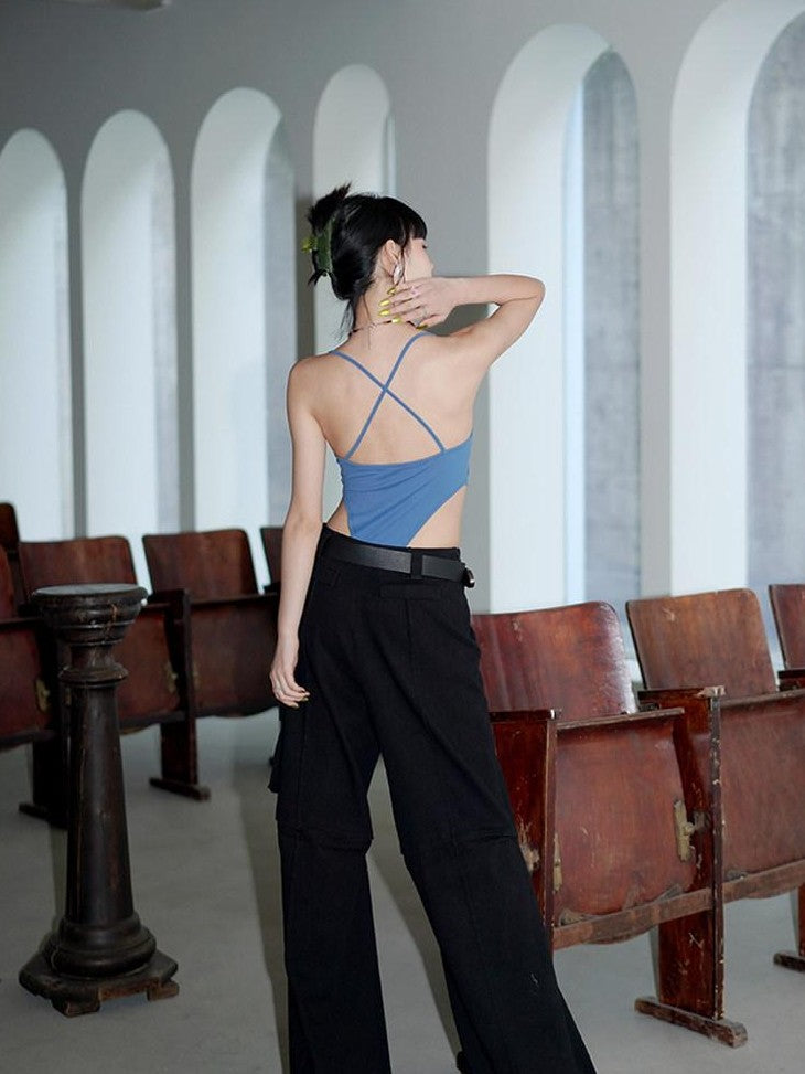 badtaste Solid Cutout Burnout Floral One Piece Women's Stretch Halter Tops