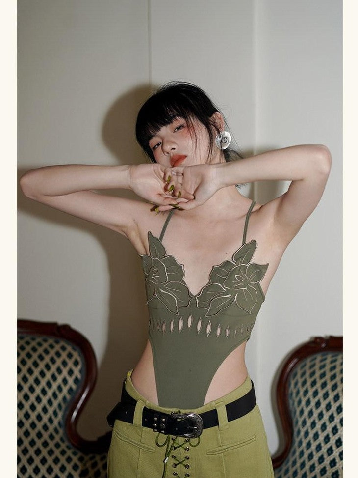 badtaste Solid Cutout Burnout Floral One Piece Women's Stretch Halter Tops