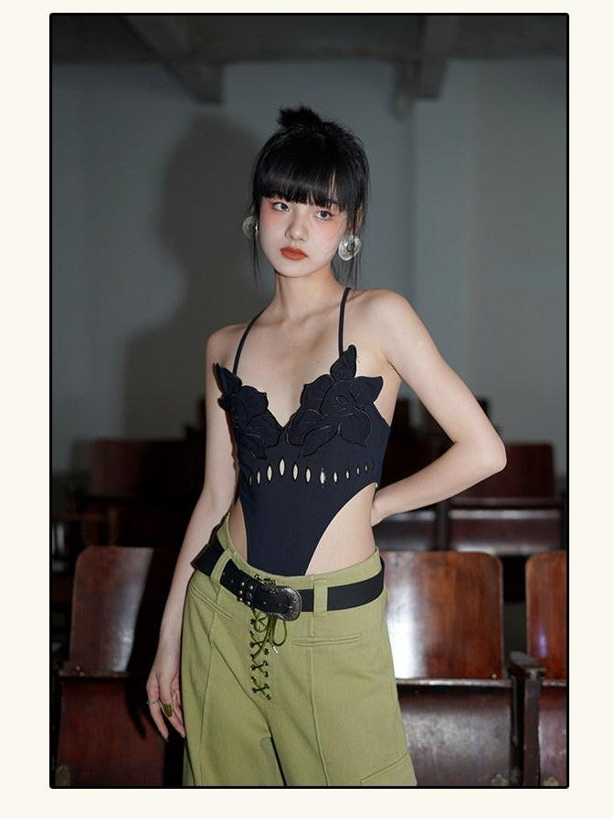 badtaste Solid Cutout Burnout Floral One Piece Women's Stretch Halter Tops