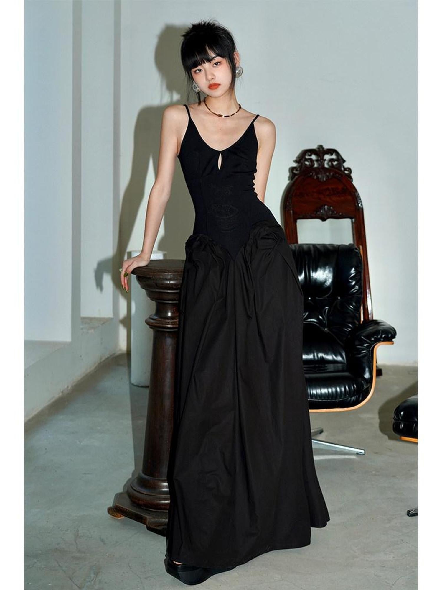 badtaste Solid Embroidered Tailored Waist Cinched Flared Women's Slip Maxi Dresses