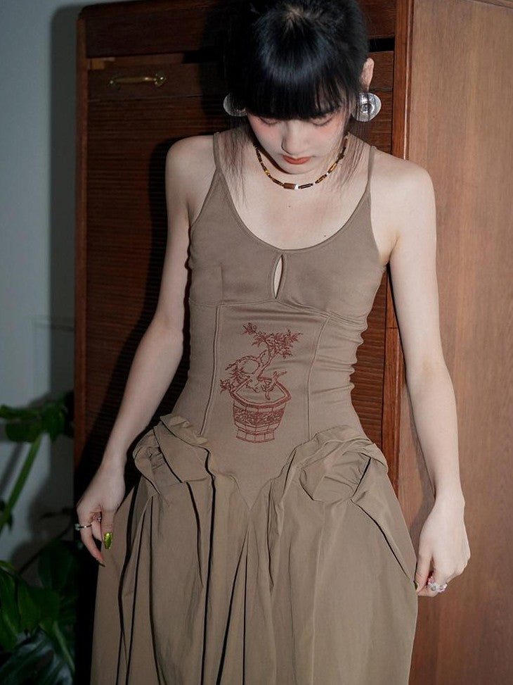 badtaste Solid Embroidered Tailored Waist Cinched Flared Women's Slip Maxi Dresses
