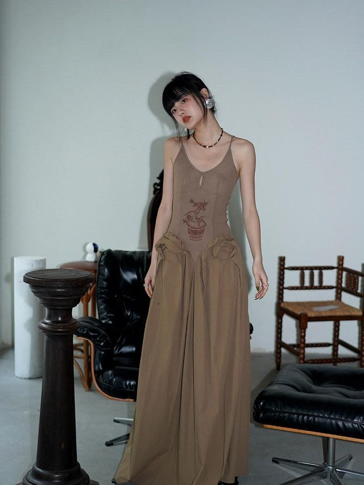 badtaste Solid Embroidered Tailored Waist Cinched Flared Women's Slip Maxi Dresses