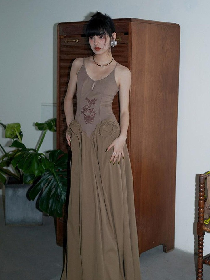badtaste Solid Embroidered Tailored Waist Cinched Flared Women's Slip Maxi Dresses