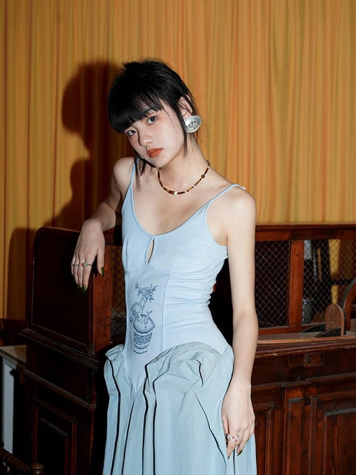 badtaste Solid Embroidered Tailored Waist Cinched Flared Women's Slip Maxi Dresses