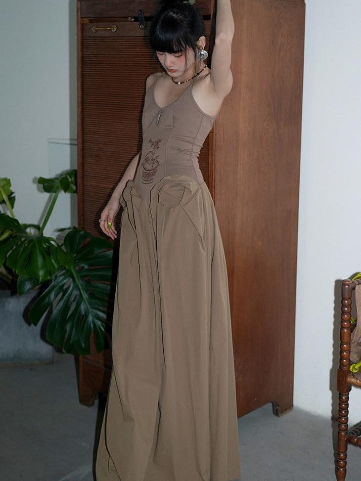 badtaste Solid Embroidered Tailored Waist Cinched Flared Women's Slip Maxi Dresses