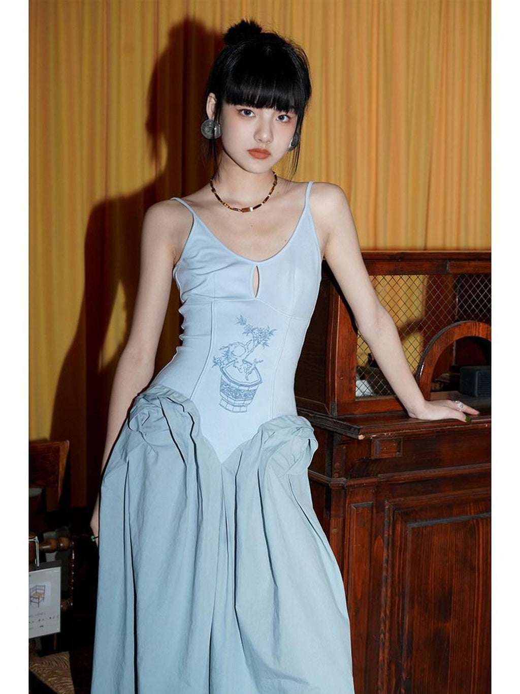 badtaste Solid Embroidered Tailored Waist Cinched Flared Women's Slip Maxi Dresses