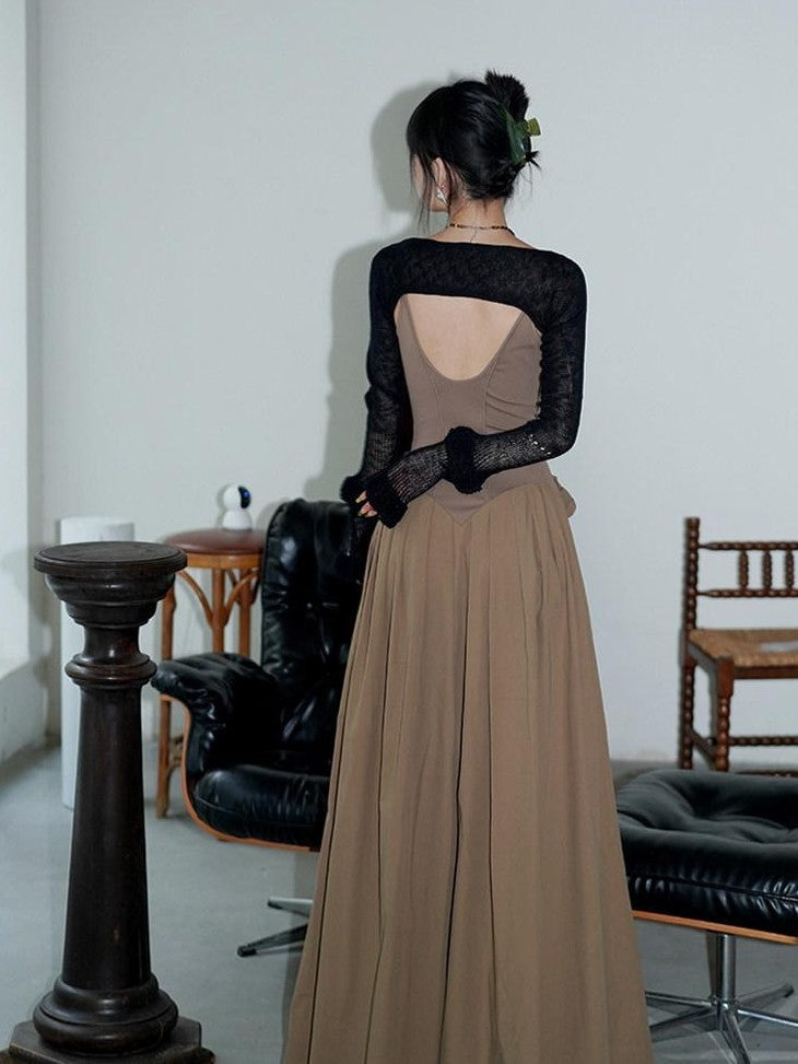 badtaste Solid Embroidered Tailored Waist Cinched Flared Women's Slip Maxi Dresses