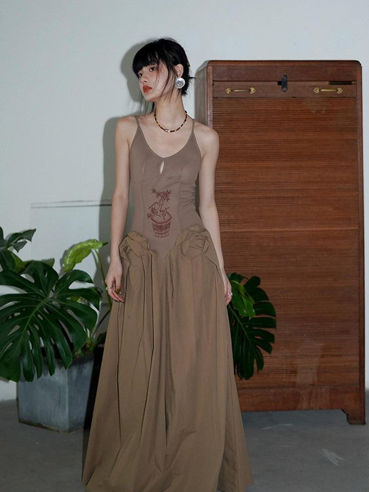 badtaste Solid Embroidered Tailored Waist Cinched Flared Women's Slip Maxi Dresses