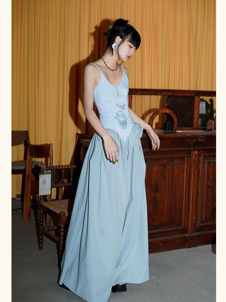 badtaste Solid Embroidered Tailored Waist Cinched Flared Women's Slip Maxi Dresses