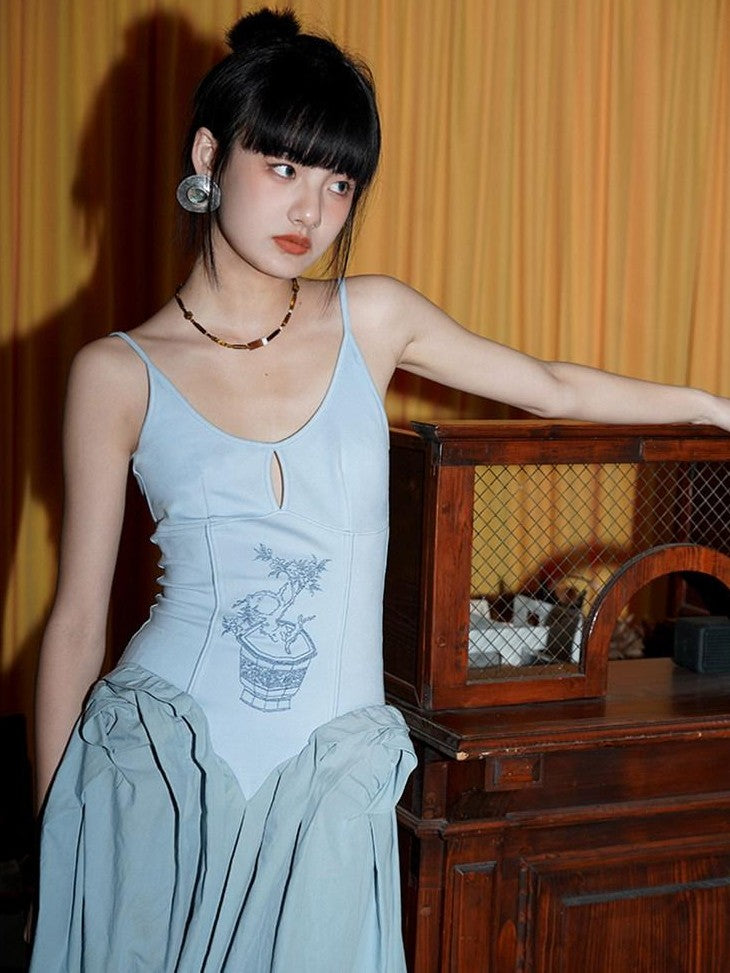 badtaste Solid Embroidered Tailored Waist Cinched Flared Women's Slip Maxi Dresses