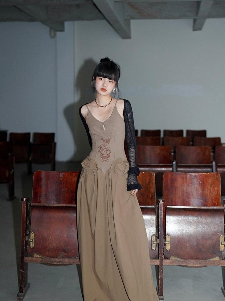 badtaste Solid Embroidered Tailored Waist Cinched Flared Women's Slip Maxi Dresses