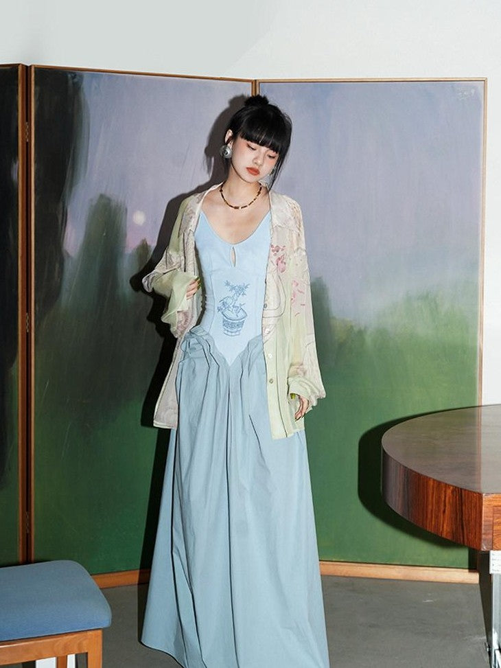 badtaste Solid Embroidered Tailored Waist Cinched Flared Women's Slip Maxi Dresses