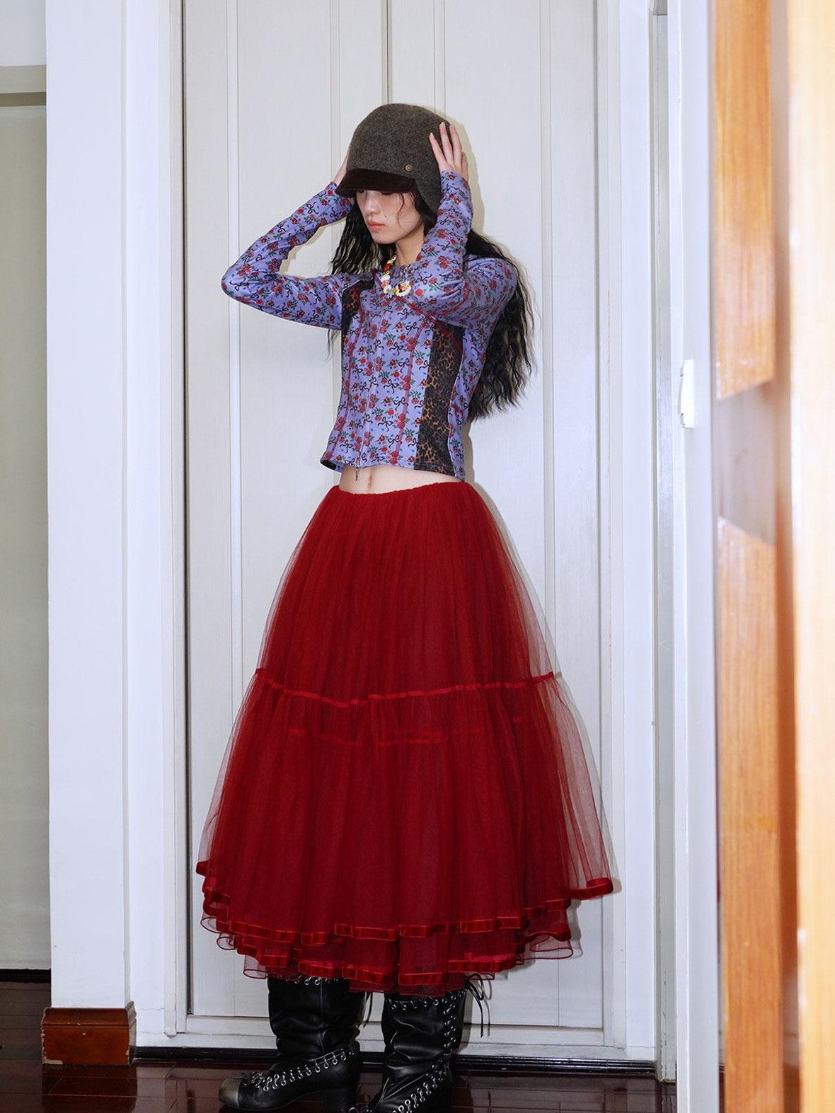 Solid Layered Long Puff Low Waist Women's Mesh Tulle Maxi Skirts