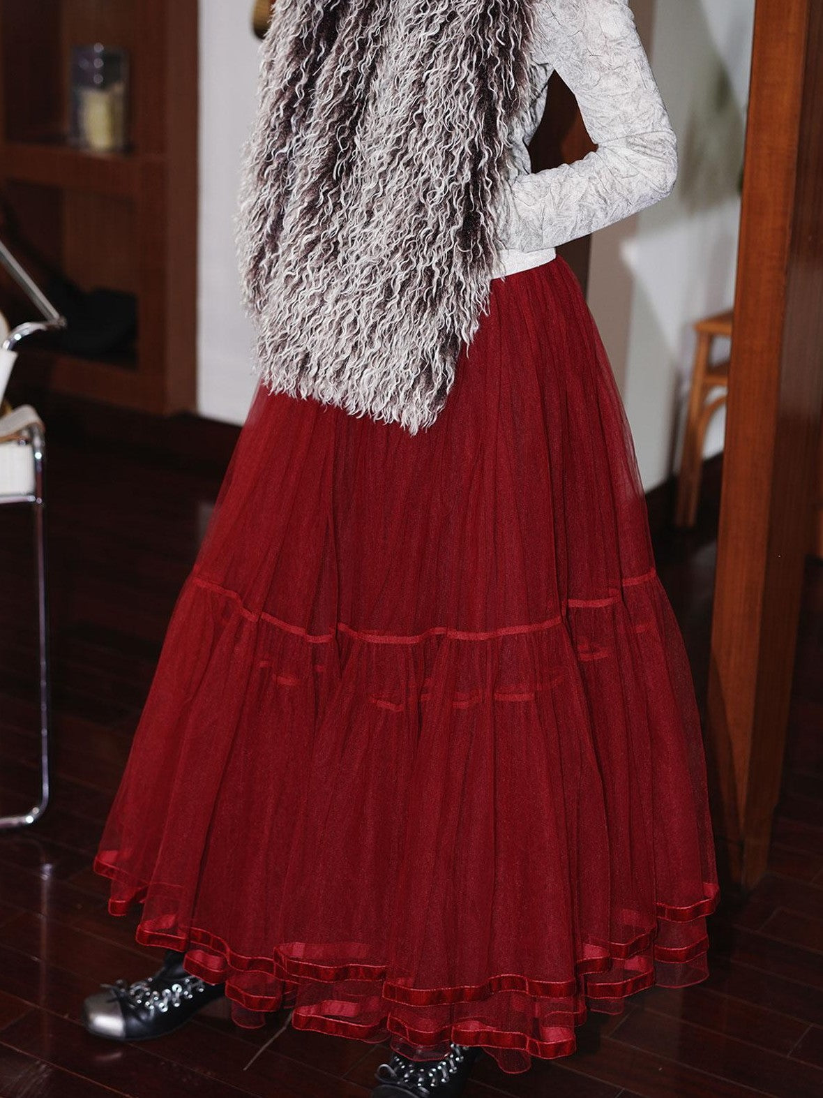 Solid Layered Long Puff Low Waist Women's Mesh Tulle Maxi Skirts